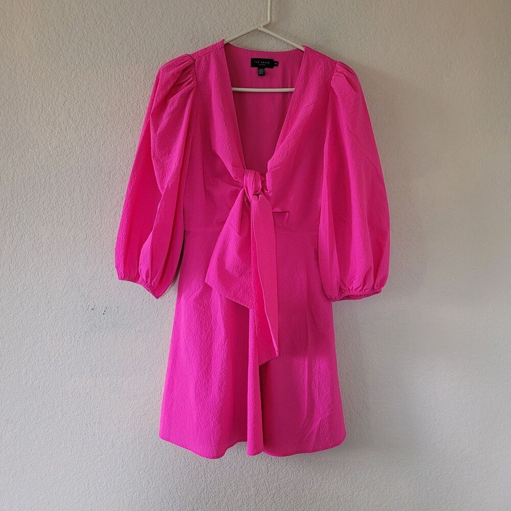 Ted Baker Jozelyn Seersucker Bow Mini Dress Womens 2 Pink Feminine Barbie Y2k